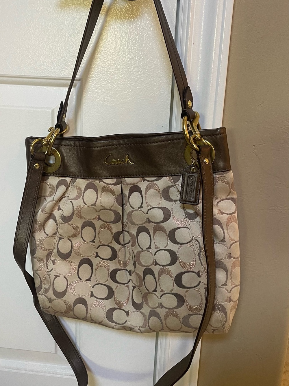 Coach Beige and tri metallic Brown Ashley Signature Shoulder Bag long strap
